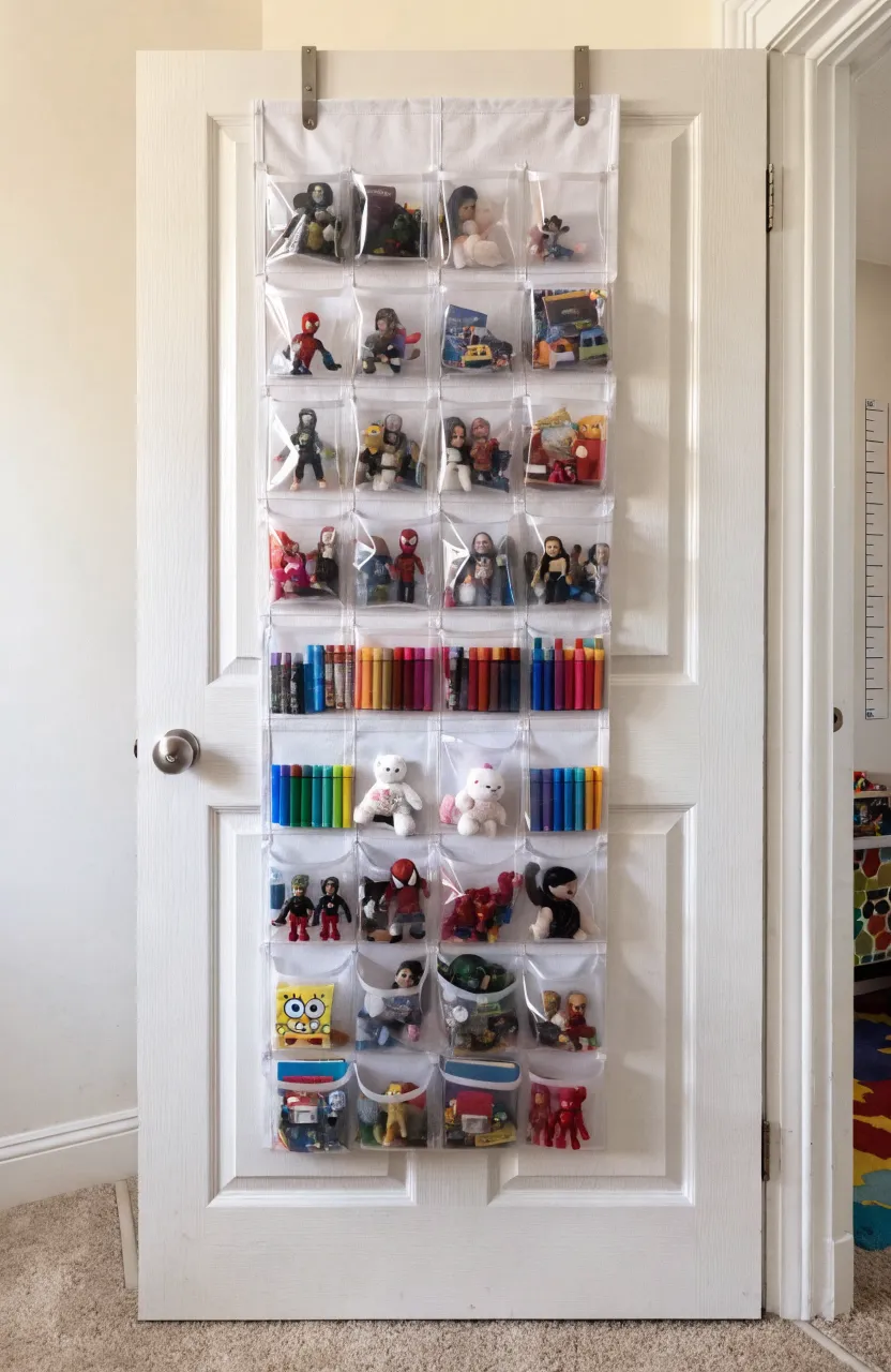 A white door with a clear pocket organizer filled with small toys and dolls.