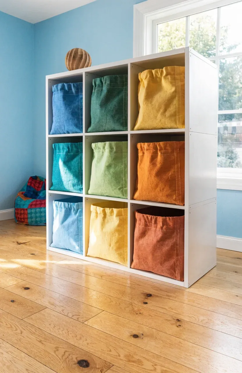 White cubby shelf with colorful fabric bins arranged in a rainbow pattern.