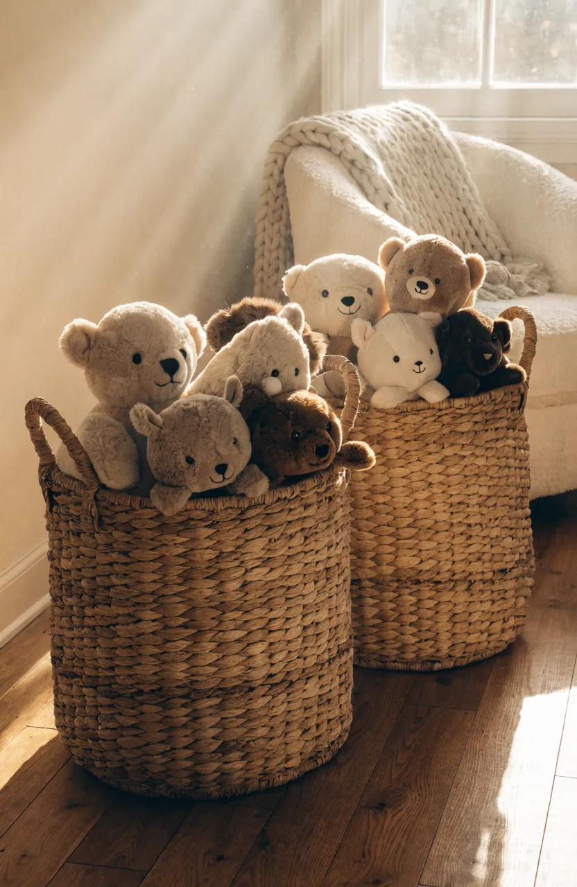 Two large woven baskets filled with plush stuffed animals in a cozy room corner.