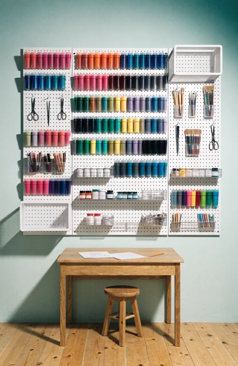 A white wall pegboard organized with colorful markers, scissors, and art supplies above a desk.