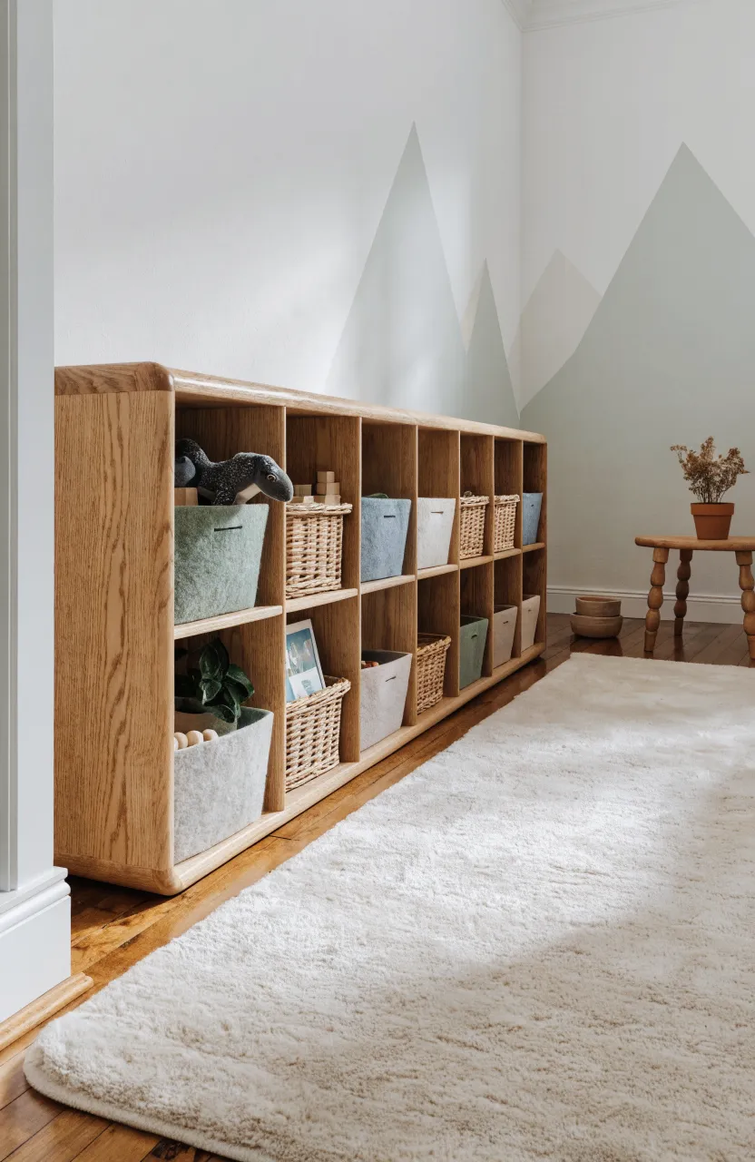 A low wooden cubby shelf with colorful bins in a bright, organized kids playroom.