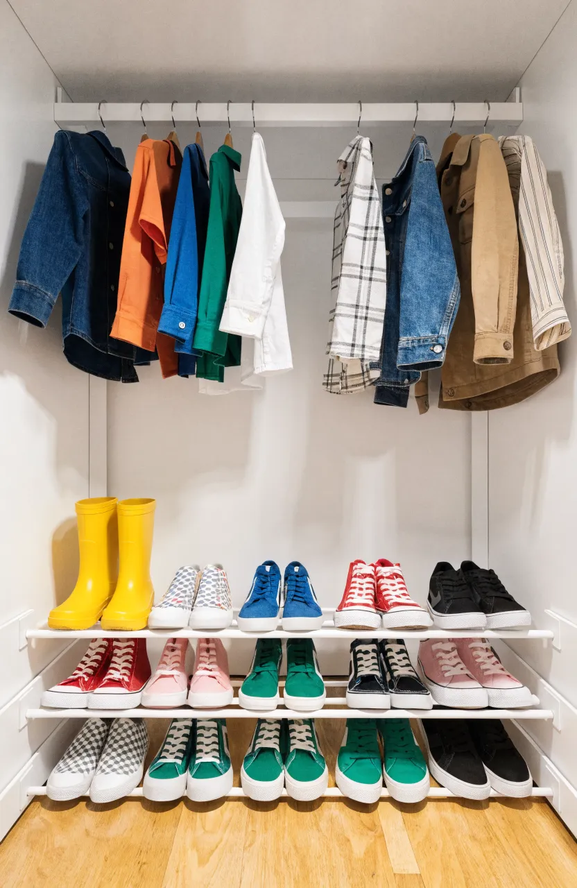 White tension rods used as a shoe rack inside a tidy kids closet with colorful sneakers.