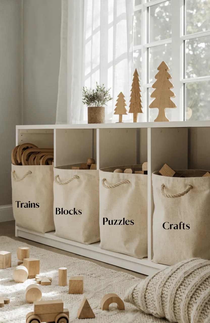 Cream canvas totes with black labels sitting on a white shelf in a bright room.