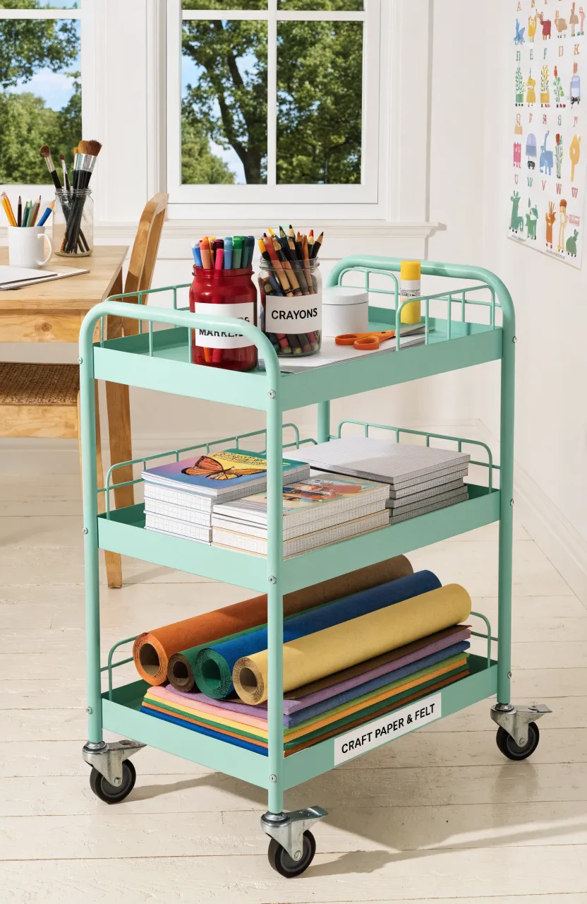 A mint green three-tier rolling cart filled with organized art and craft supplies.