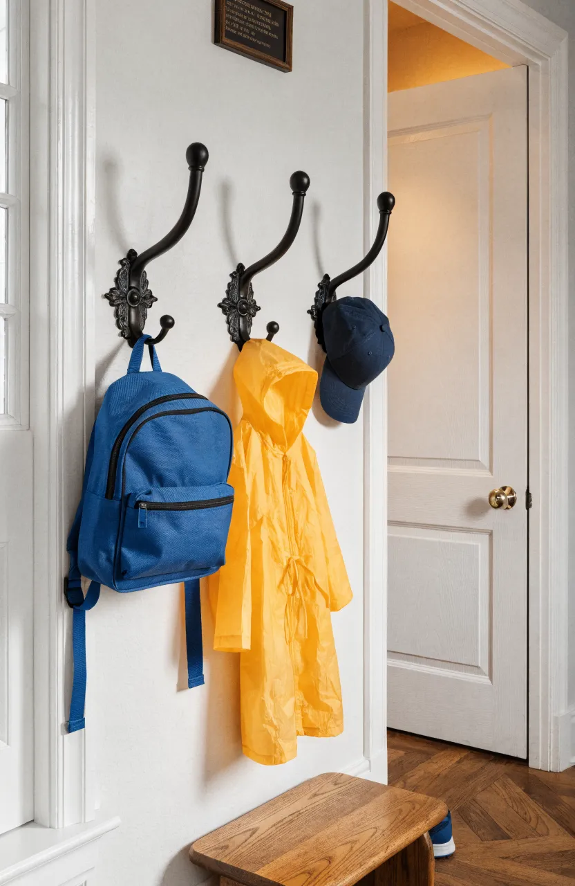 A blue backpack and yellow jacket hanging on black wall hooks at a child's height.