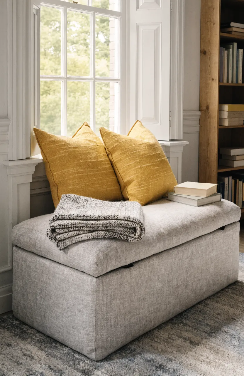 A grey upholstered storage bench with yellow pillows sitting under a window.