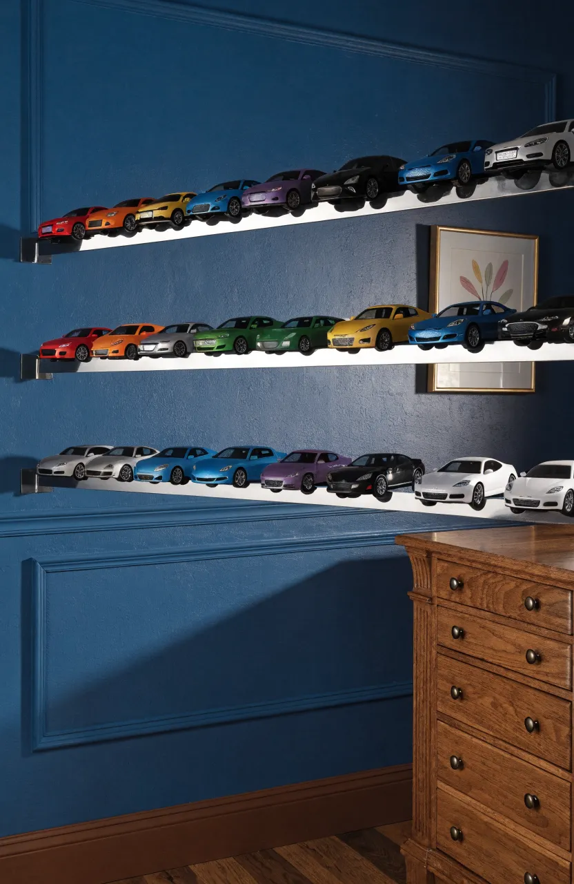 Colorful toy cars organized in neat rows on magnetic strips mounted on a blue wall.