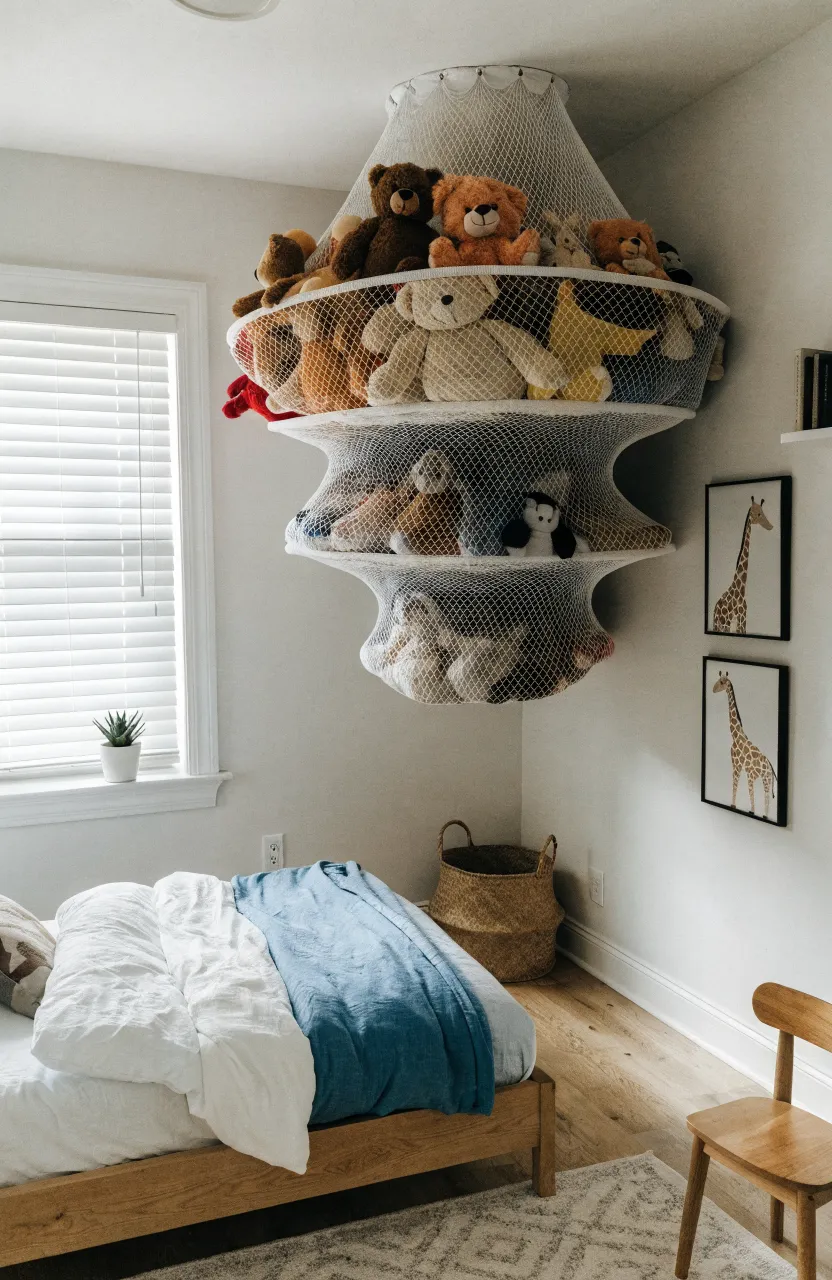 A tidy kids bedroom with a tiered corner net filled with stuffed animals above a neat bed.