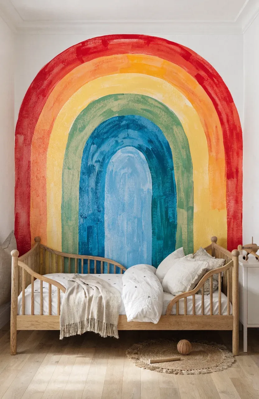 A large hand-painted rainbow mural on a white wall behind a modern wooden toddler bed.