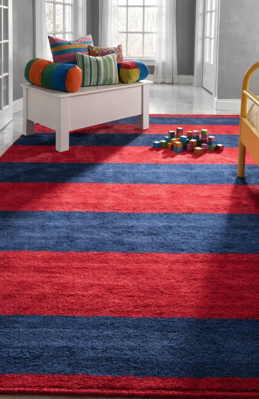 A large rug with bold red and blue stripes on the floor of a bright children's bedroom.