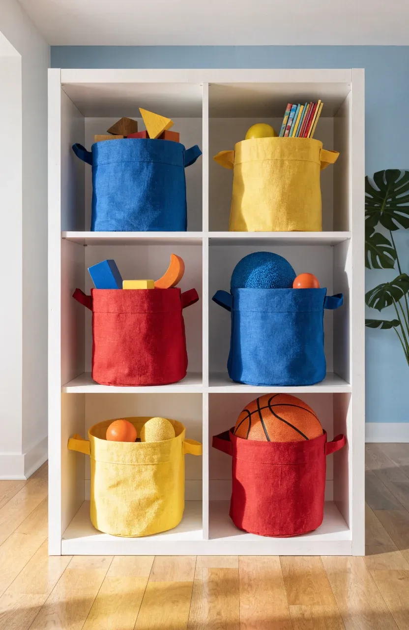 A white cubby shelf filled with red, blue, and yellow fabric storage bins in a tidy room.