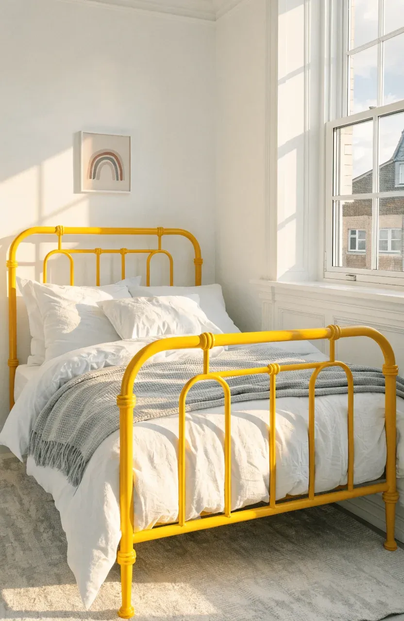 A bright yellow metal spindle bed with white and grey bedding in a sunlit room.