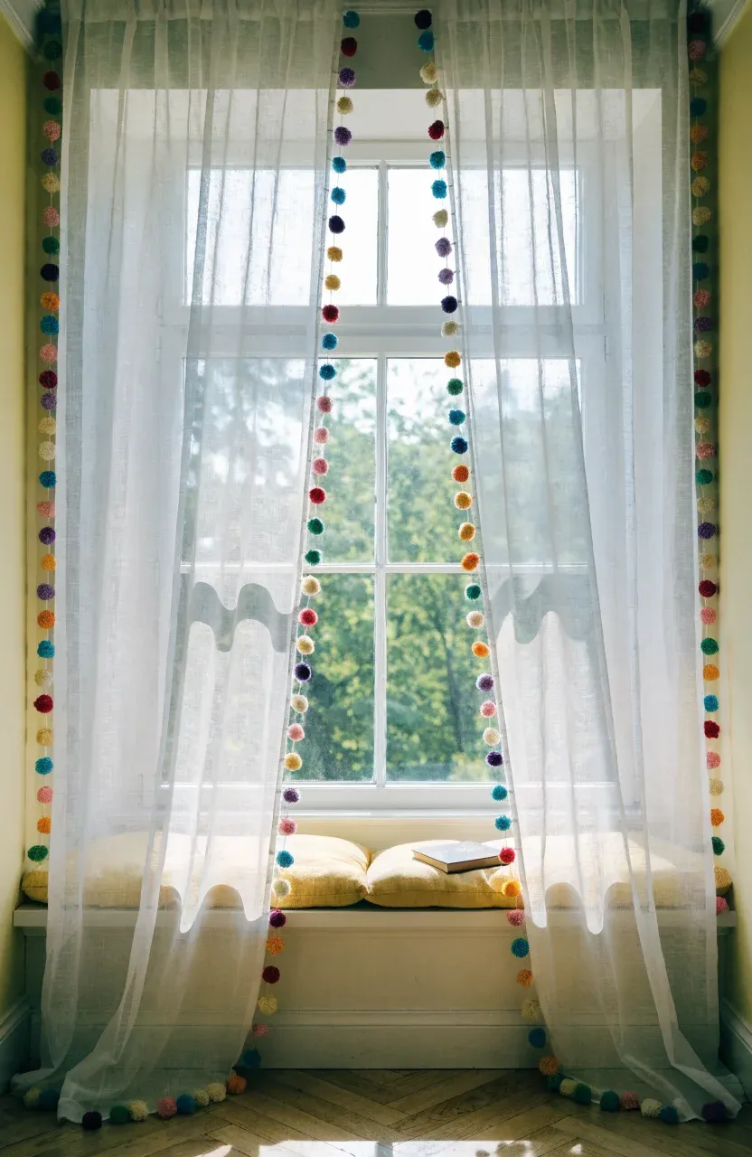 White sheer curtains with colorful rainbow pom-poms hanging in a bright window.