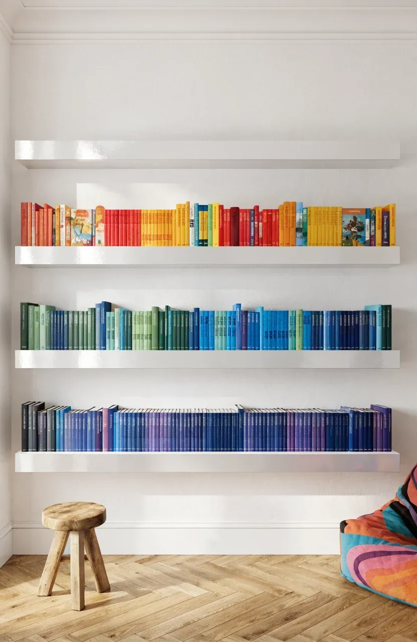 White floating shelves with children's books arranged in a rainbow color gradient on a white wall.
