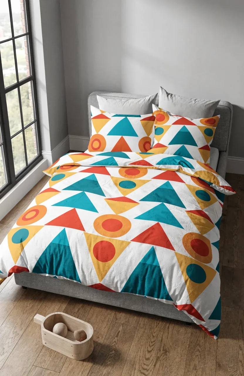 A bed with a white duvet cover featuring a colorful geometric rainbow pattern of triangles and circles.