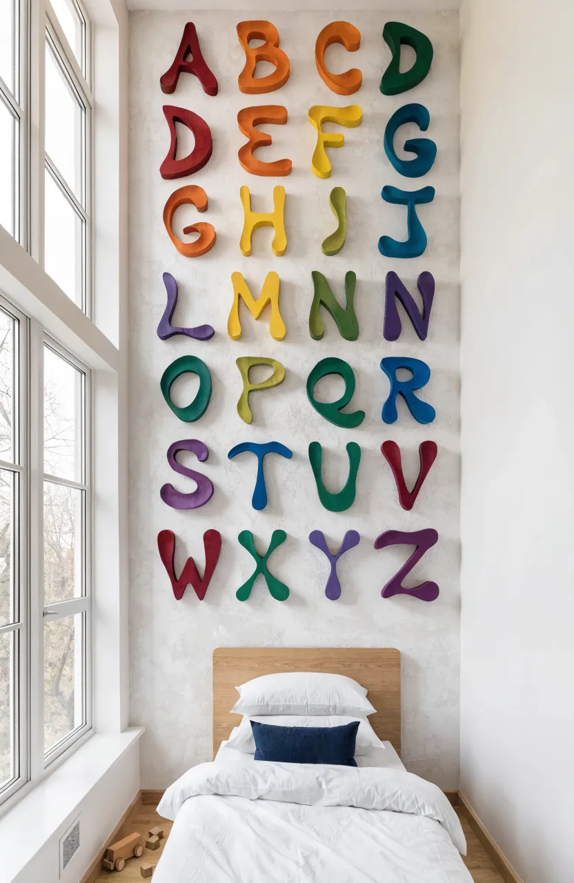 A grid of colorful 3D wooden alphabet letters on a white wall above a modern boy's bed.