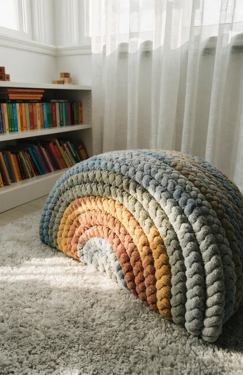 A braided cotton rainbow-shaped pouf sits on a plush rug in a bright children's reading corner.