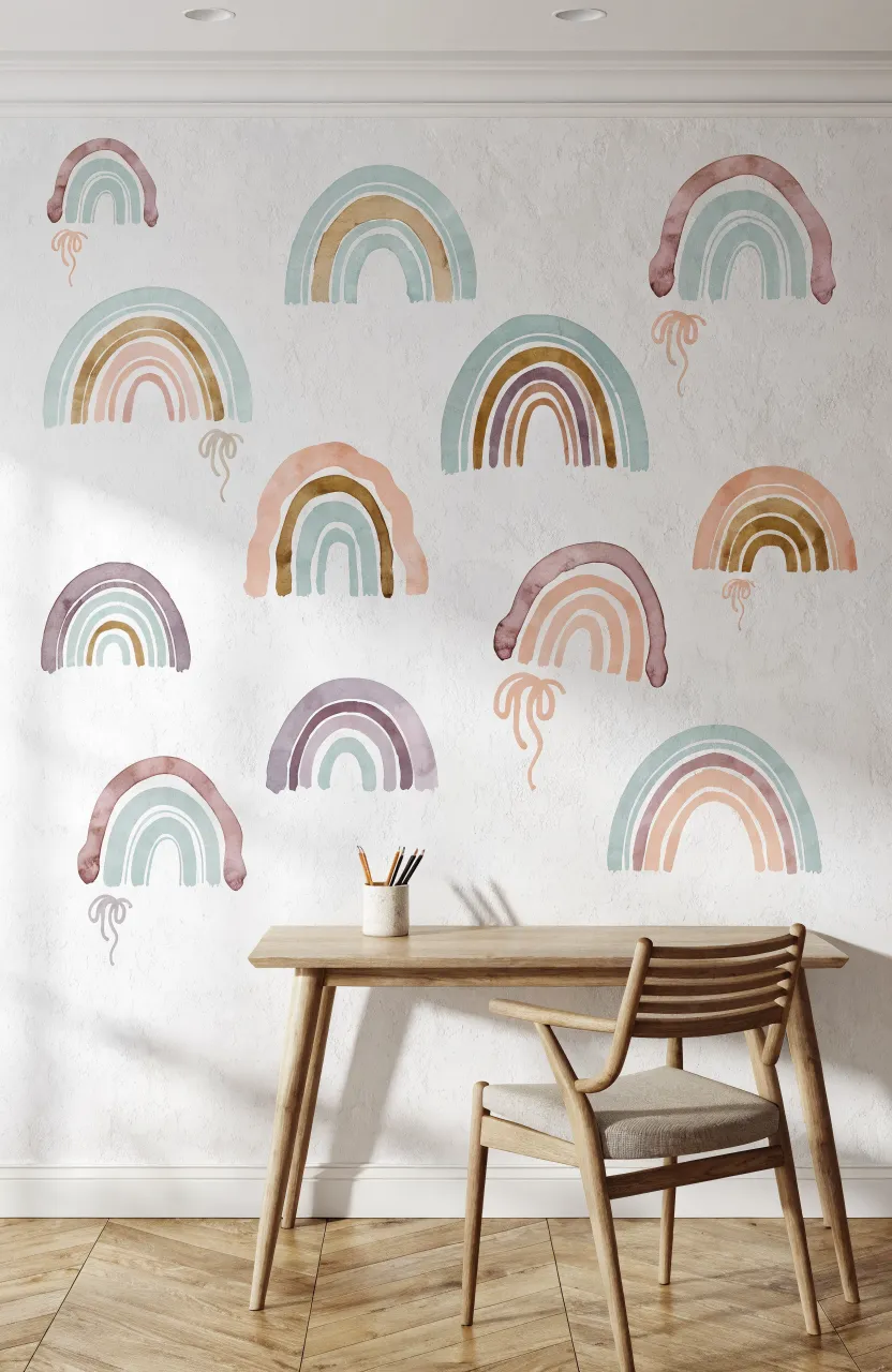 Muted pastel rainbow decals scattered on a white wall above a minimalist wooden desk.