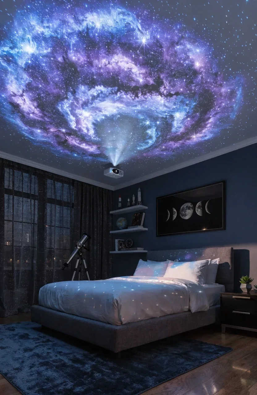 A modern astronaut bedroom with a galaxy projector casting purple and blue nebula clouds on the ceiling.
