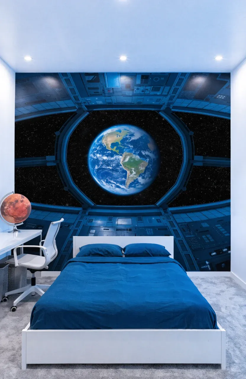 A bedroom with a large wall mural showing a space station interior and a view of Earth from space.