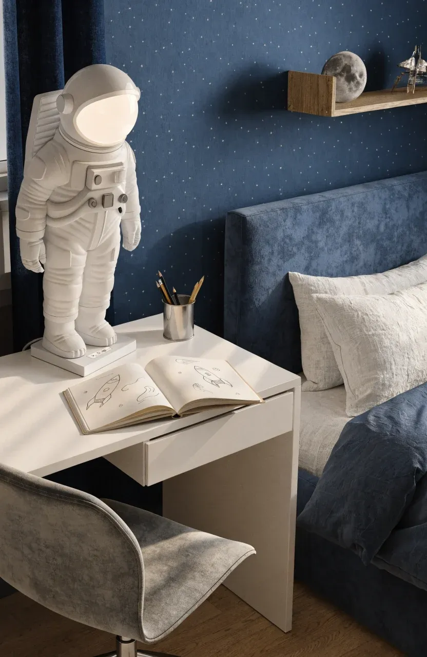 An astronaut-shaped desk lamp with a glowing helmet visor on a white desk in a space-themed room.