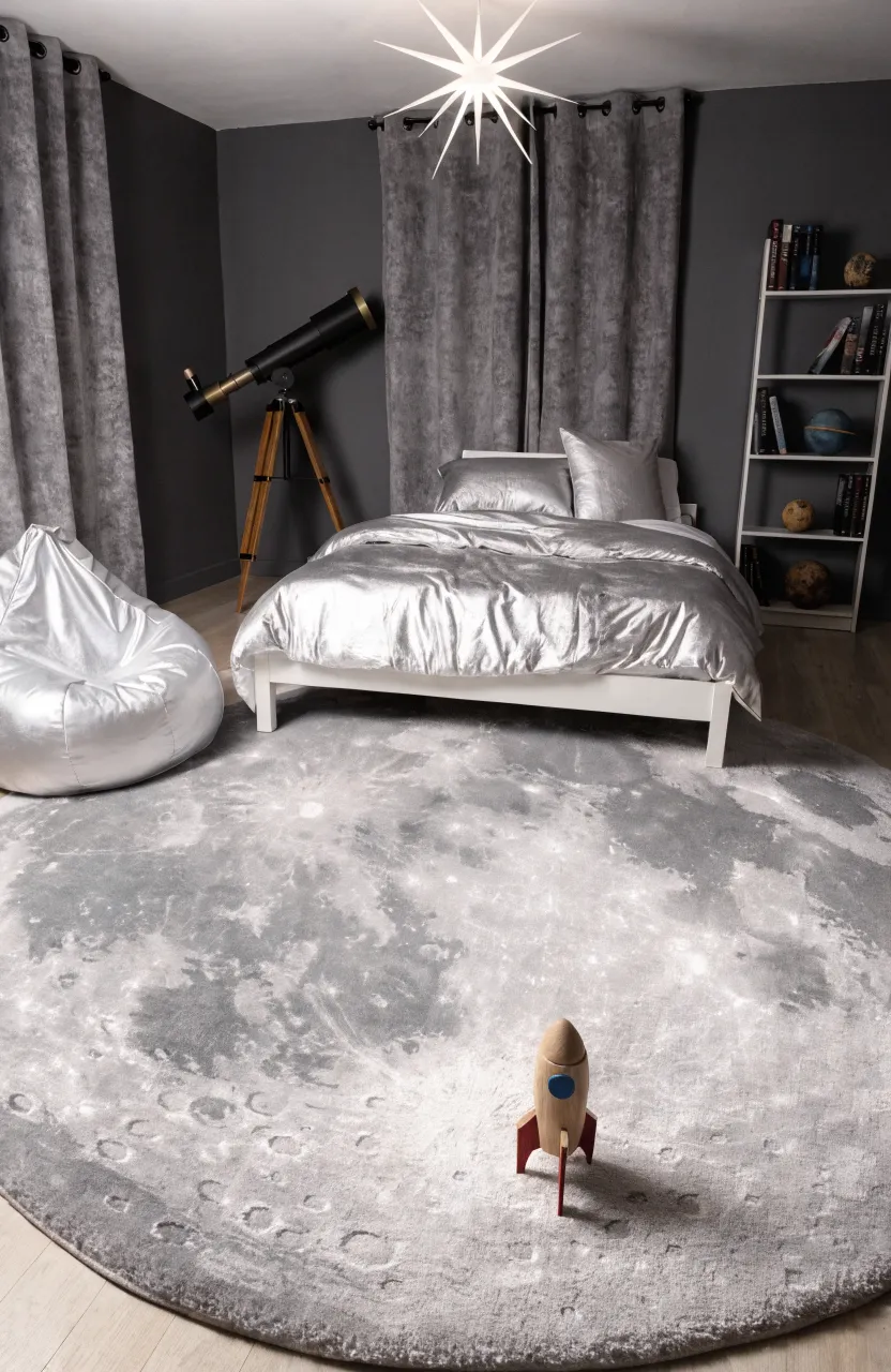 A round grayscale rug with moon crater patterns in the center of an astronaut-themed bedroom.