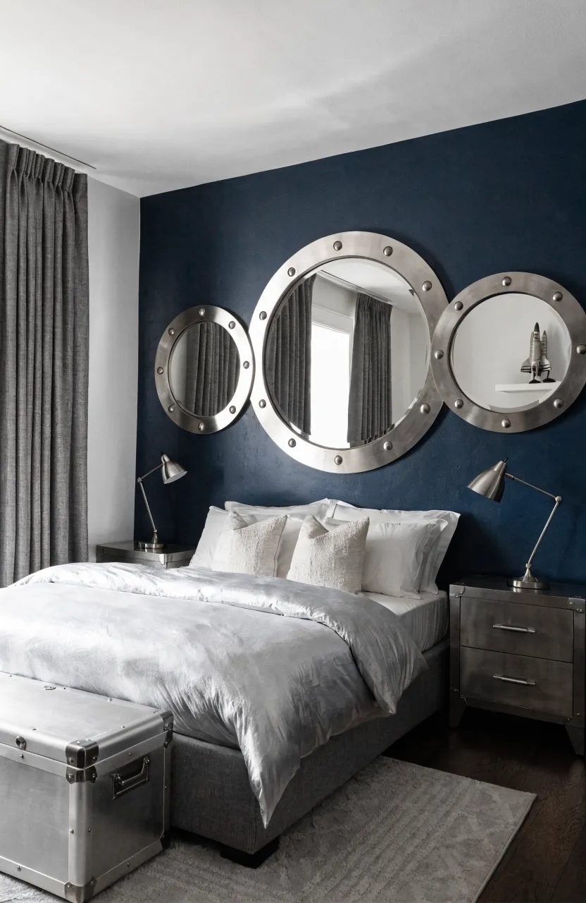 Three porthole-style mirrors with silver riveted frames on a navy wall in an astronaut bedroom.