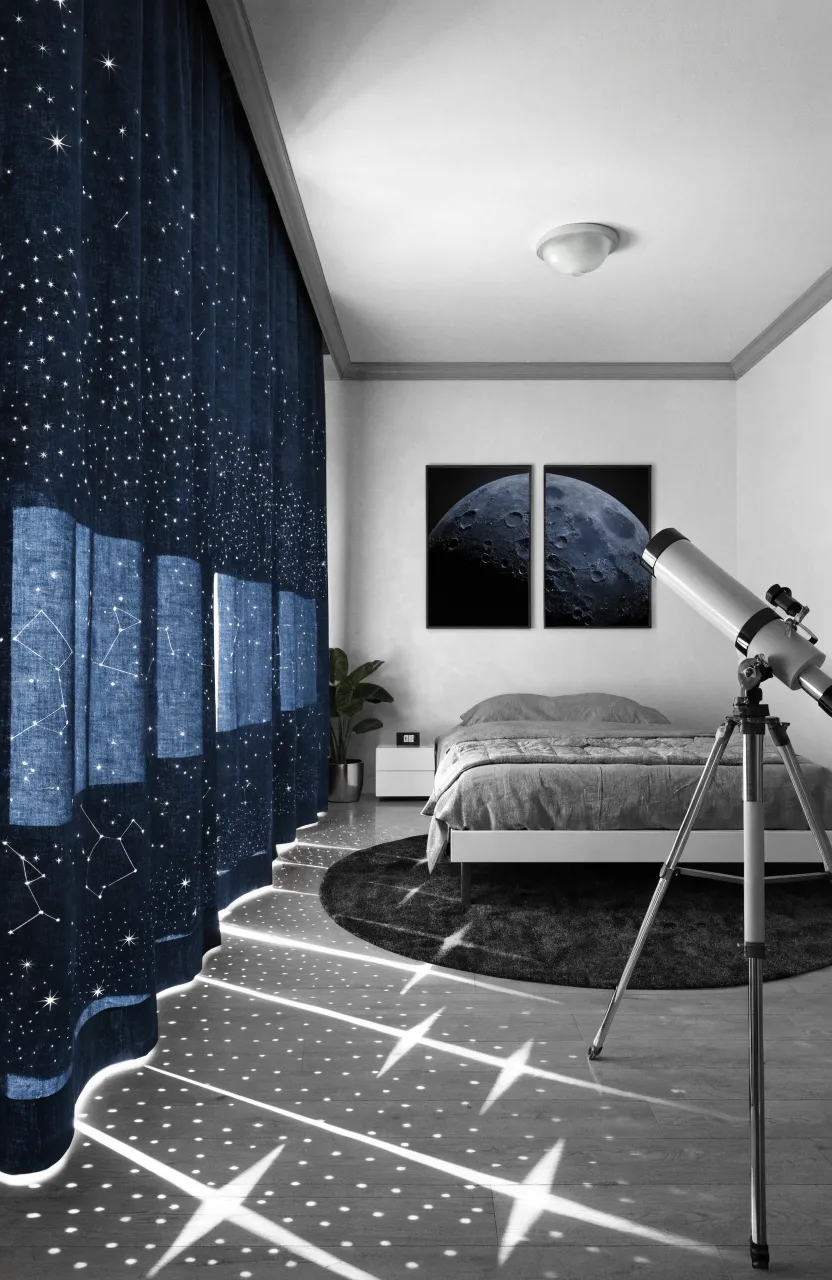 A bedroom with navy curtains casting star-shaped light patterns onto the floor.