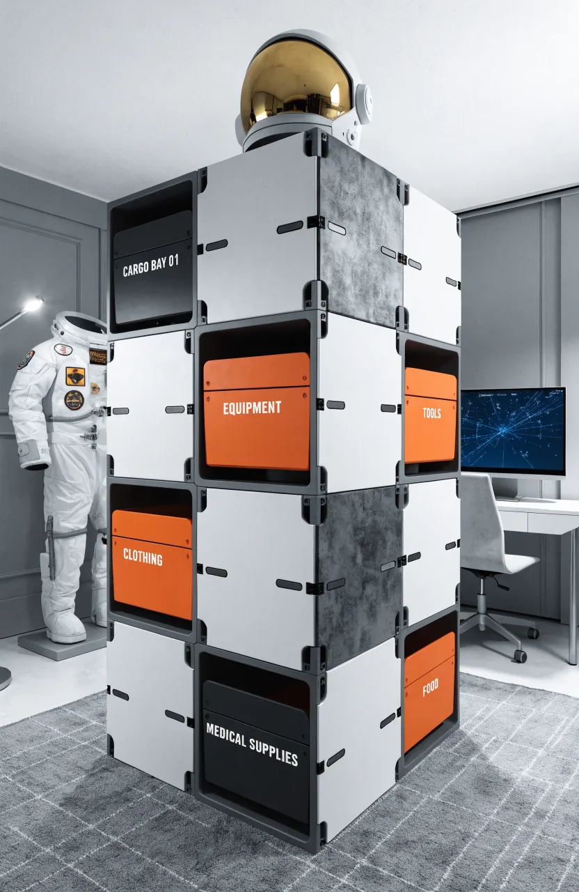 White and grey modular storage cubes with stenciled labels in a space-themed room.