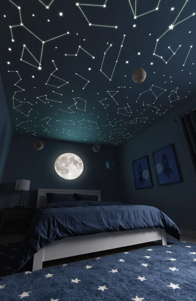 A dark bedroom with a ceiling covered in glowing green and blue constellation decals.