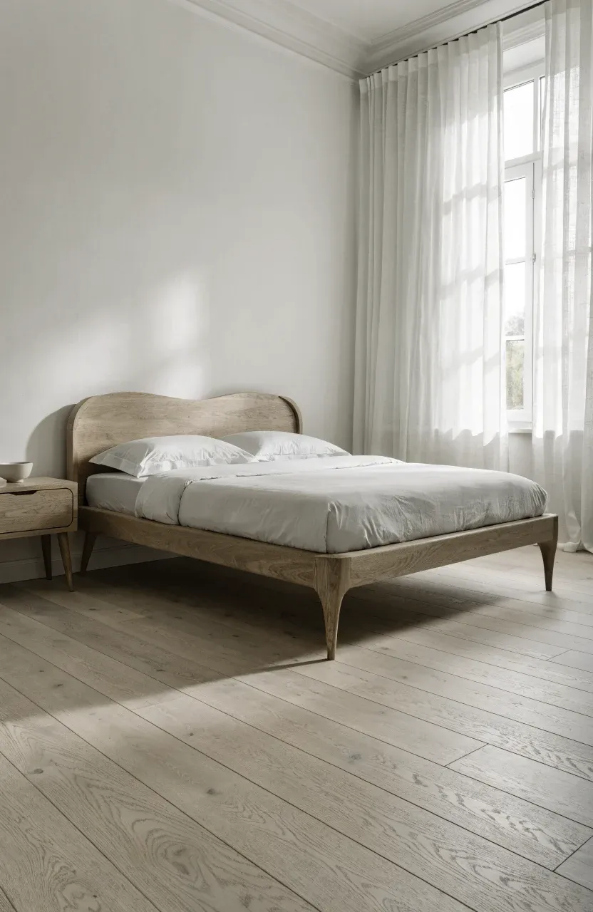 A light oak bed frame with tapered legs in a bright, minimalist Scandinavian bedroom.