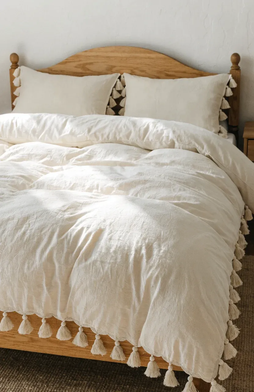 A cream cotton duvet with subtle tassel trim on a bed in a cozy boho bedroom.