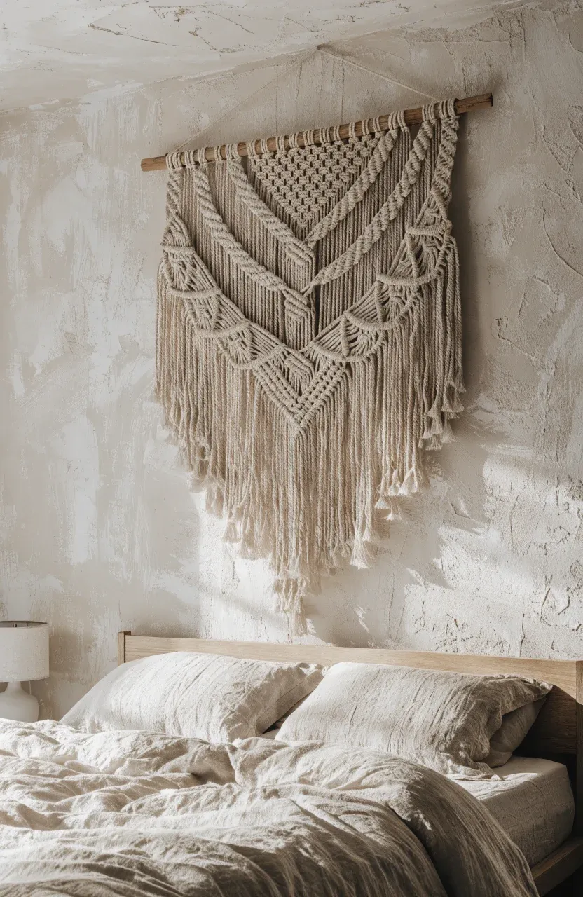 A geometric macramé wall hanging displayed above a minimalist light wood bed.