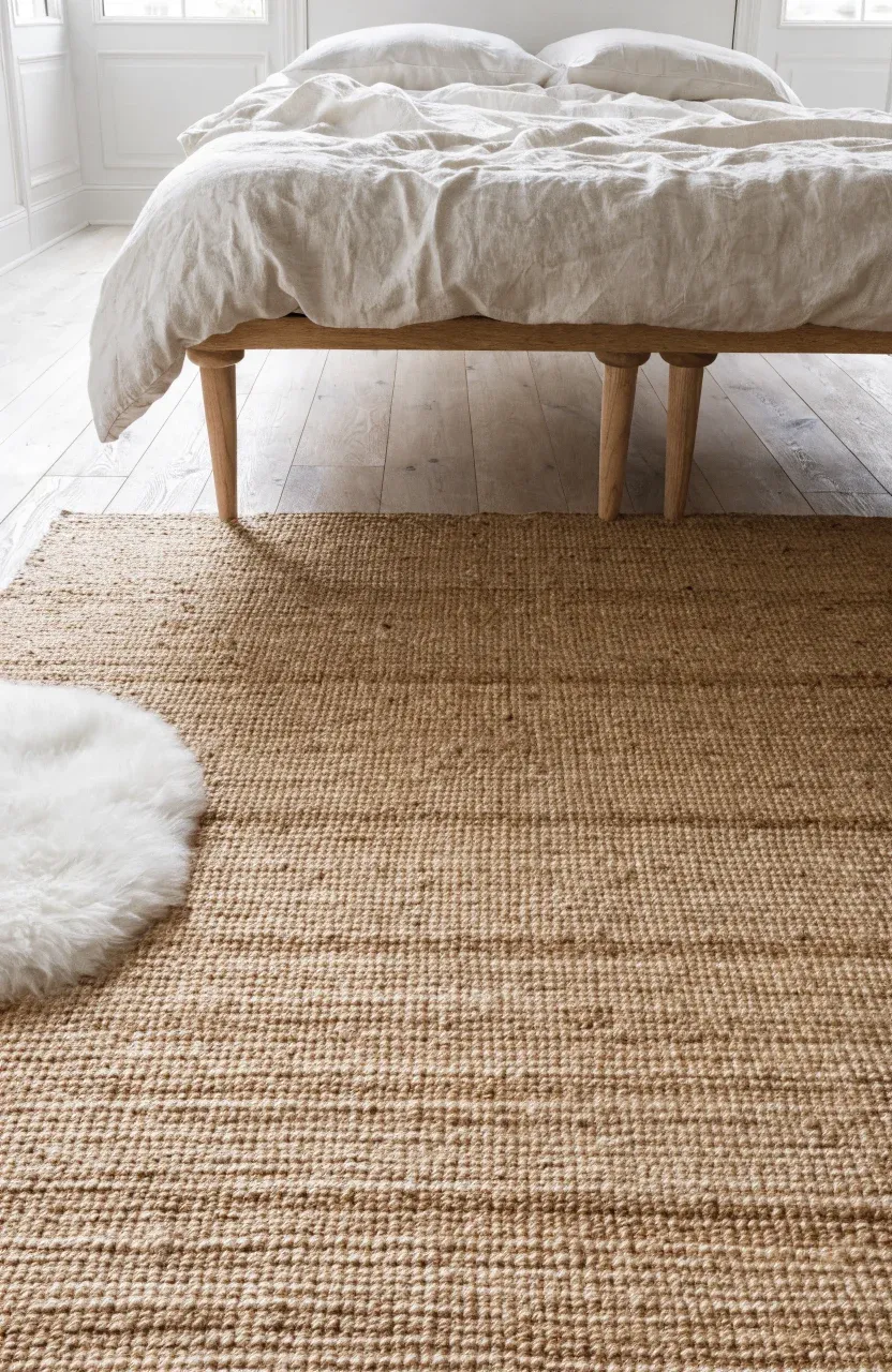 A tan flat-weave jute rug layered on light wood floors in a boho Scandinavian bedroom.