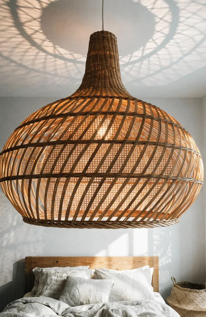 A large woven rattan pendant light casting soft shadows in a cozy bedroom.