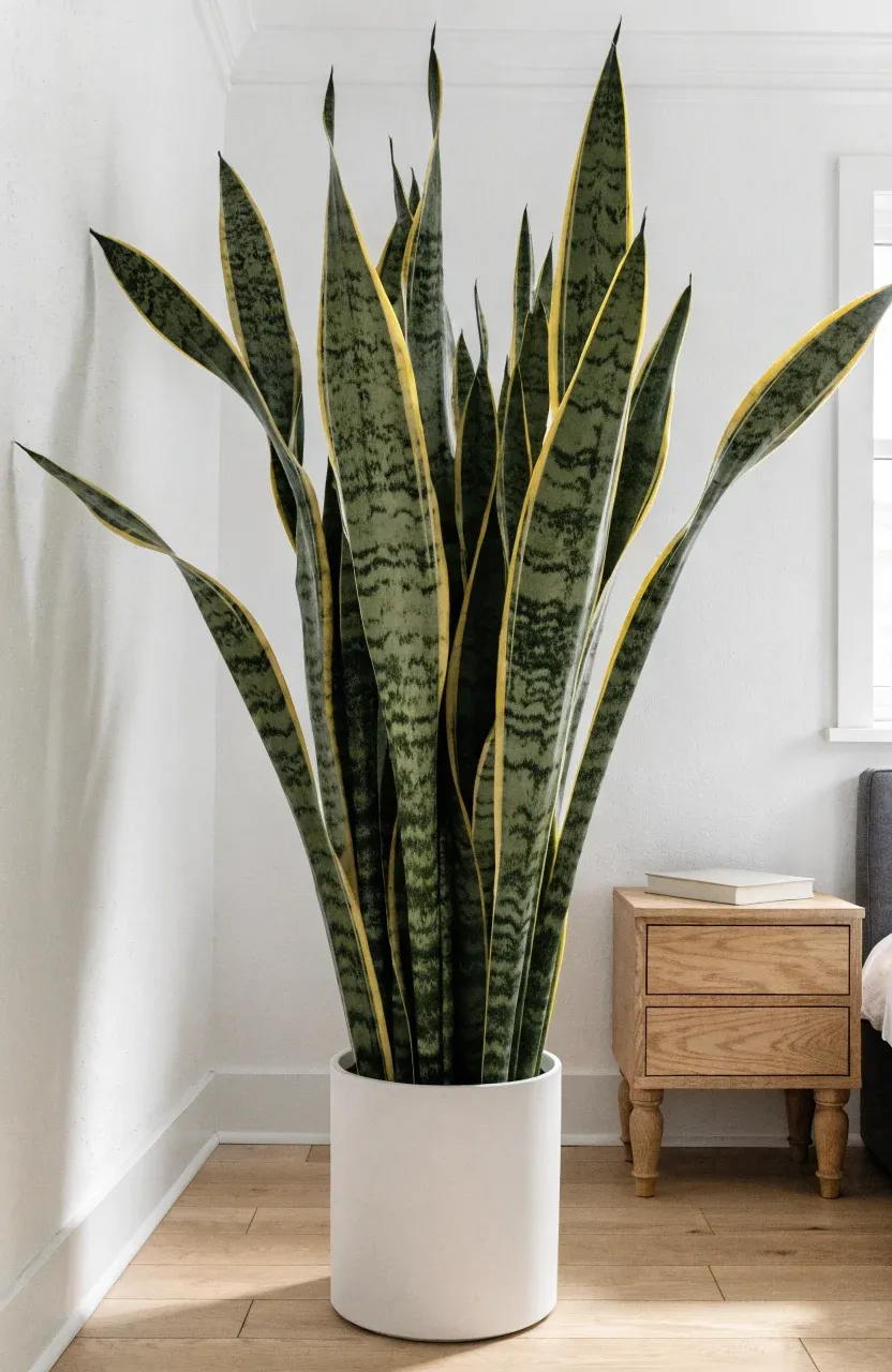 A tall snake plant in a white ceramic pot in the corner of a minimalist bedroom.