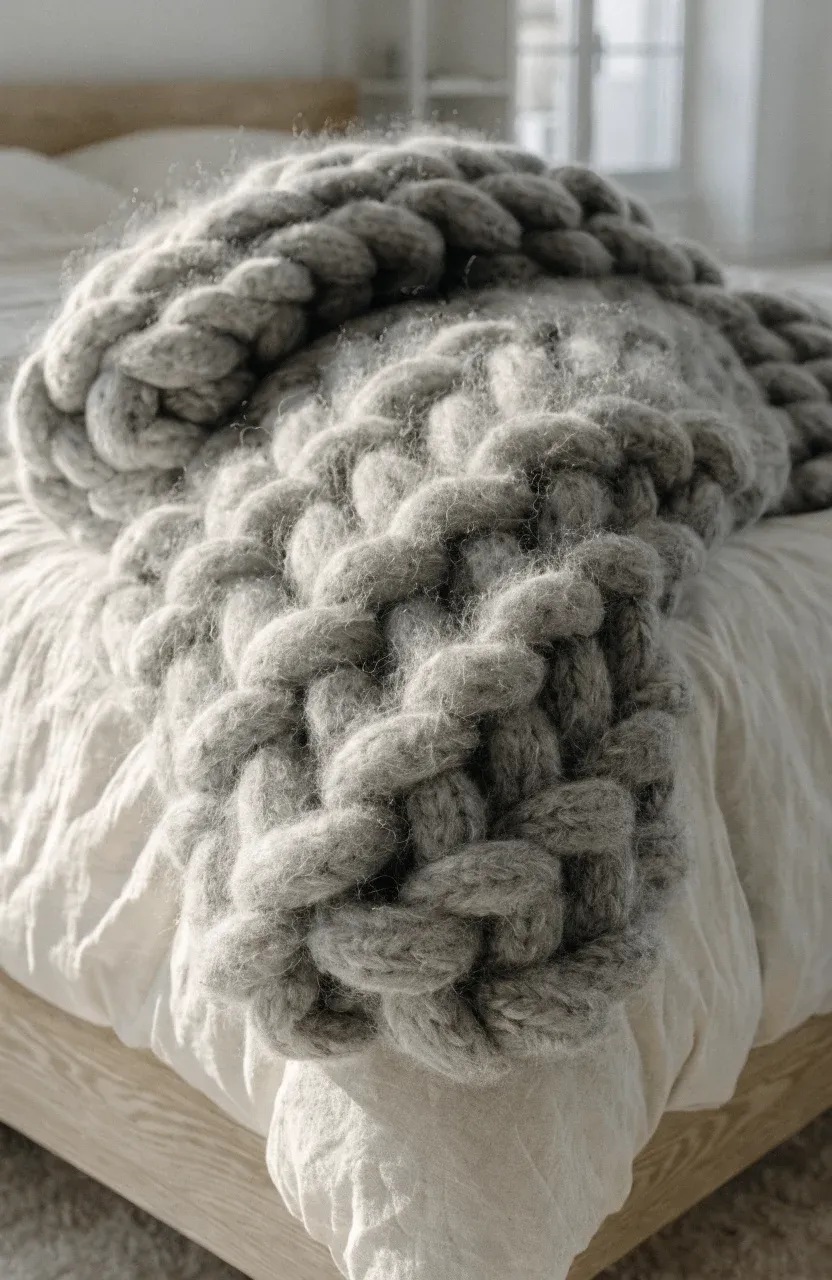 A chunky gray hand-knitted wool throw draped over the corner of a bed.