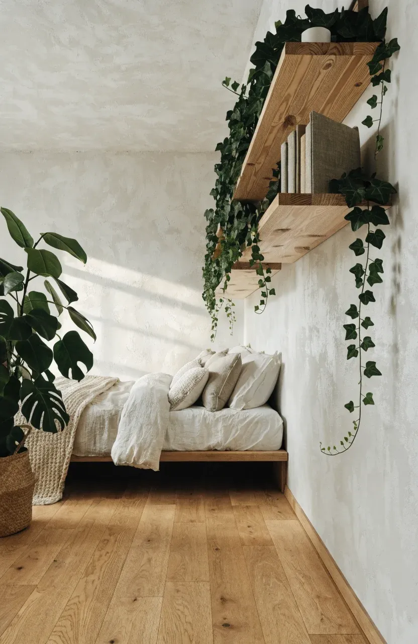 A bright Scandinavian bedroom with pine floating shelves holding trailing ivy plants above a bed.