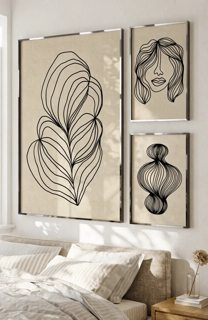 Minimalist black-framed line art prints hanging above a linen bed in a Scandinavian bedroom.