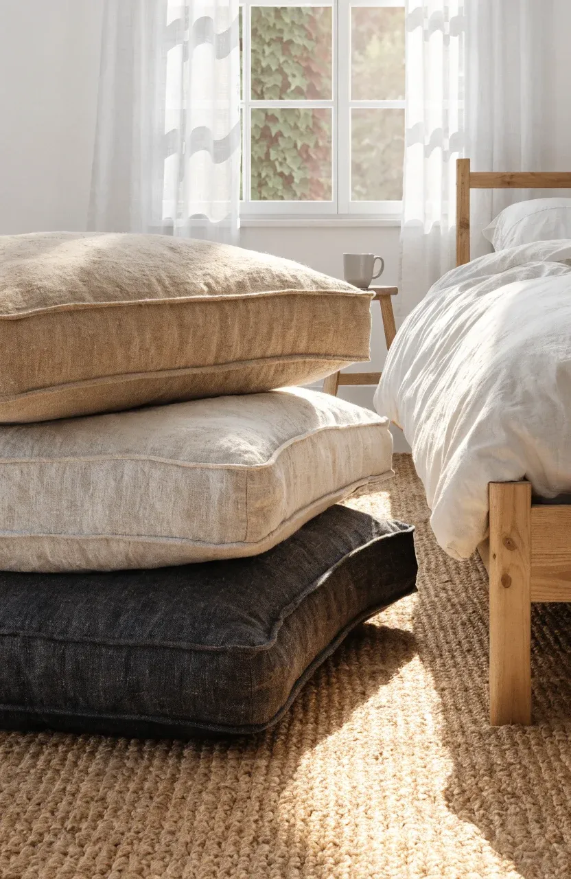 Stacked linen floor cushions in neutral tones on a jute rug in a cozy bedroom corner.