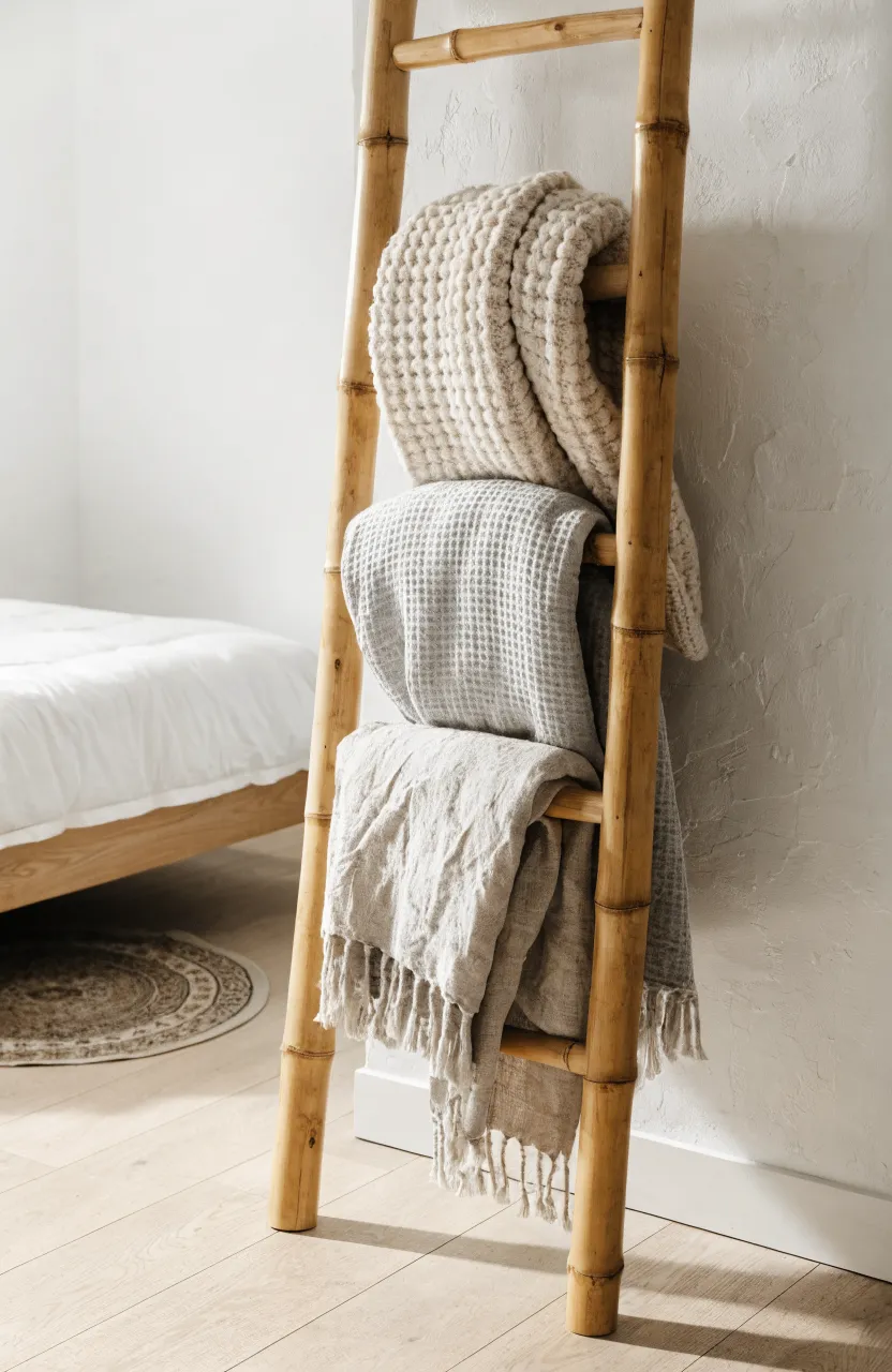 A bamboo ladder leaning against a white wall holding several textured blankets in a bedroom.