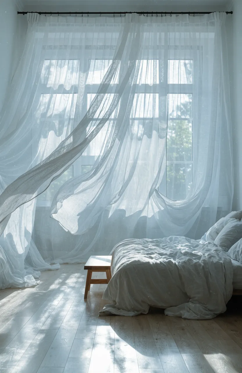 Sheer white curtains filtering bright sunlight into a minimalist Scandinavian bedroom.