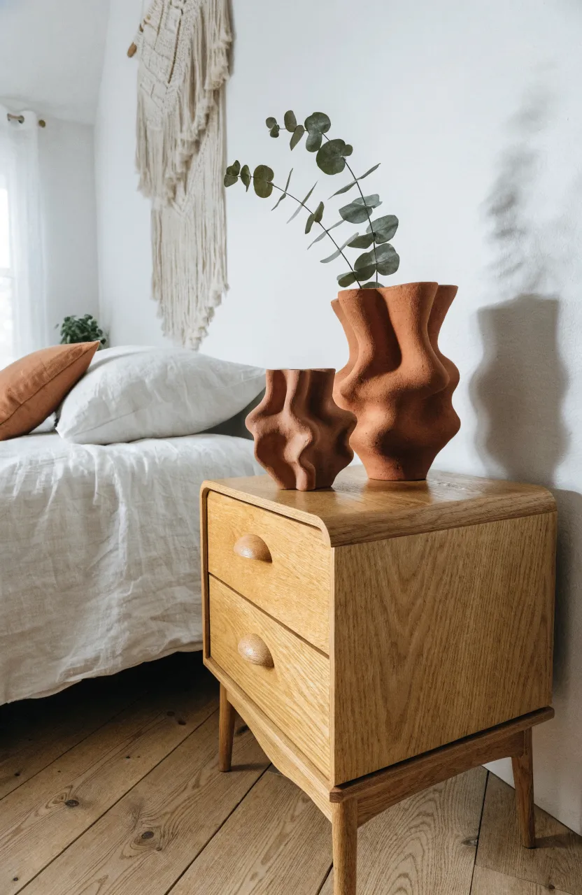 Earthy terracotta vases and a dried eucalyptus branch on a light wood nightstand in a bedroom.
