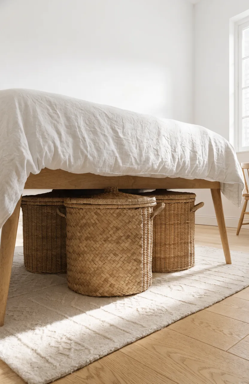 Woven wicker storage baskets with lids tucked neatly under a light wood bed frame.