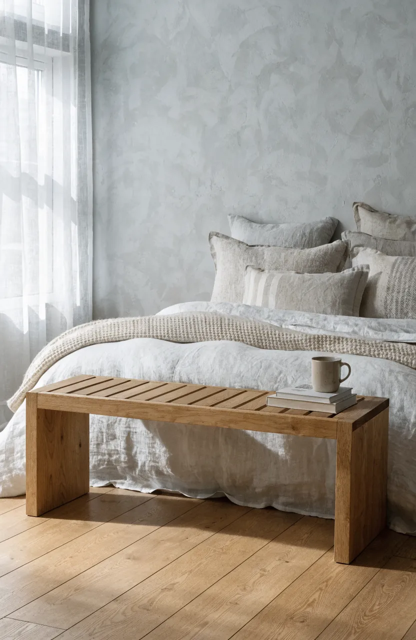 A minimalist light oak wood bench at the foot of a cozy bed with white linen in a Scandi bedroom.