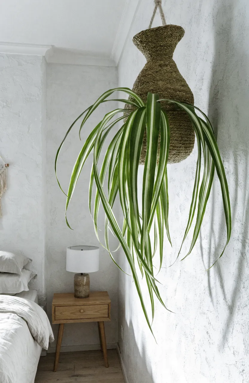 A woven seagrass planter hanging in a bedroom corner with a cascading spider plant.