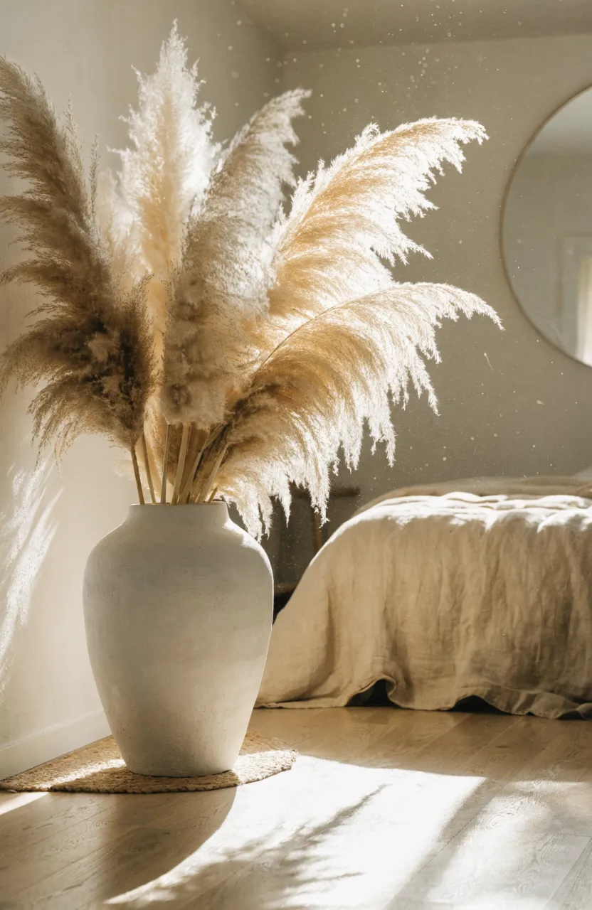 Tall feathery pampas grass in a large white ceramic floor vase in a neutral Scandinavian bedroom.