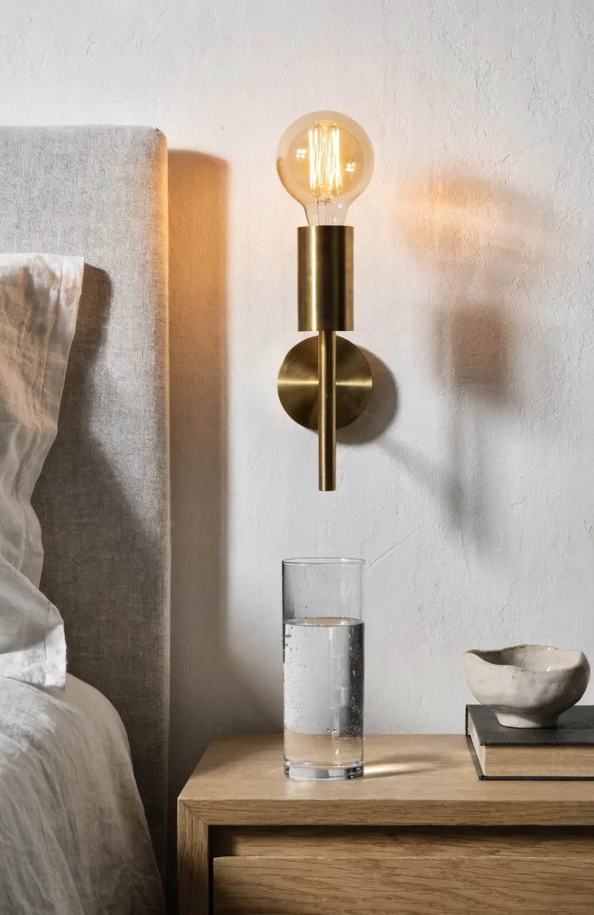 A minimalist brass wall sconce with an exposed Edison bulb lighting a Scandinavian bedside.