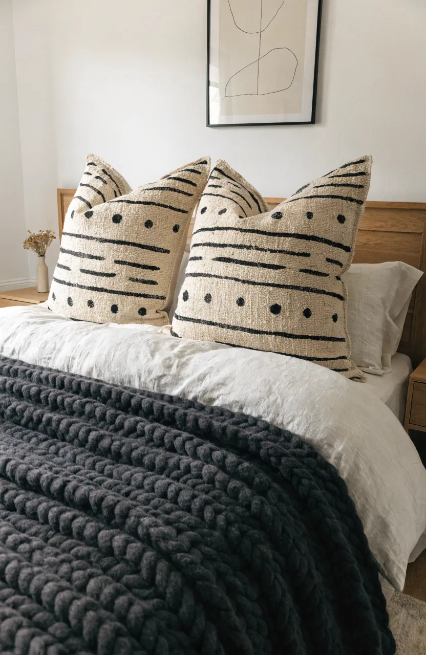 Textured cream mudcloth pillows with black geometric patterns on a cozy layered bed.
