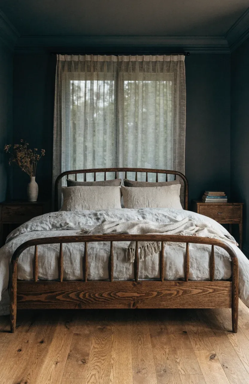 A walnut bed frame with wrinkled oatmeal linen bedding in a dark boho bedroom.